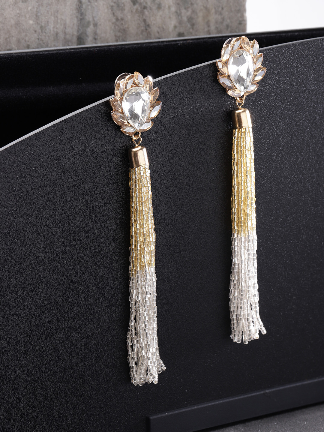 YouBella Silver-Toned Gold-Plated Tasselled Contemporary Drop Earrings